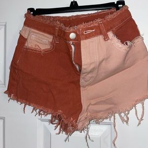 Shein light pink and dark pink distressed shorts